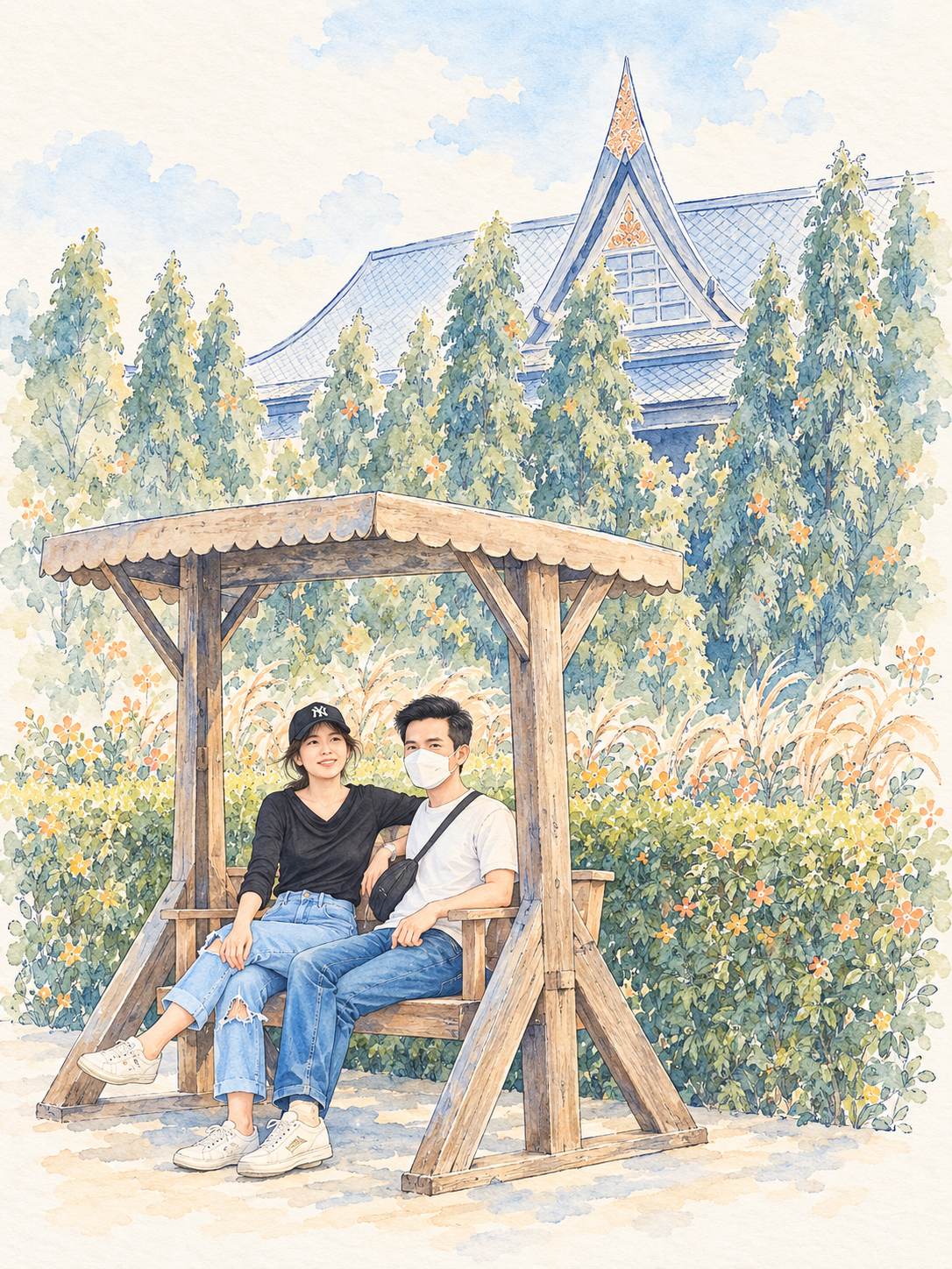 Watercolor drawing of Amm and Hrung on a garden swing
